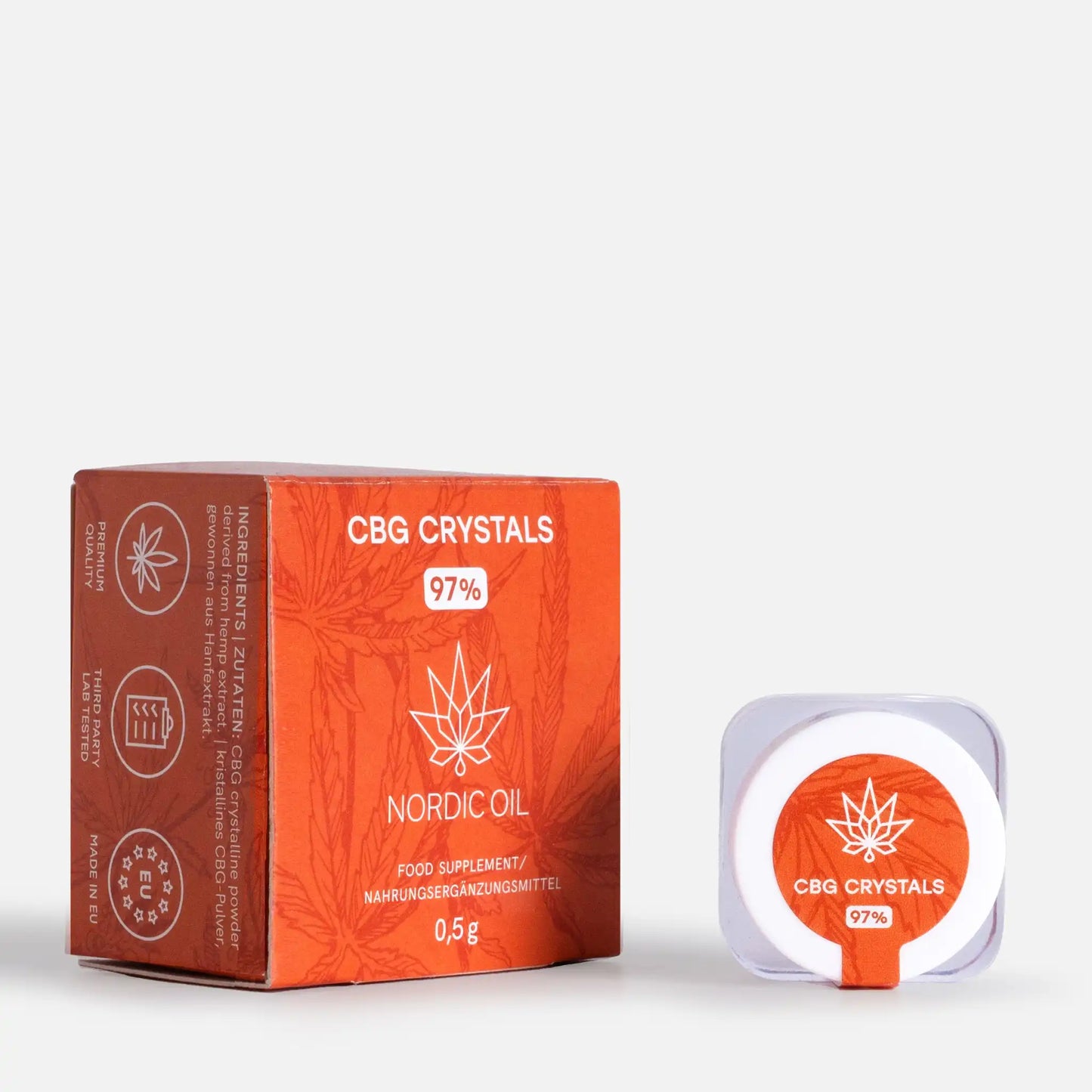 Die CBG-Kristalle liegen neben der Verpackung