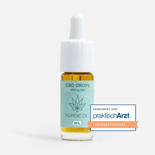 CBD-Drops Flasche von Nordic Oil mit Pipette und Laborzertifizierungs-Siegel