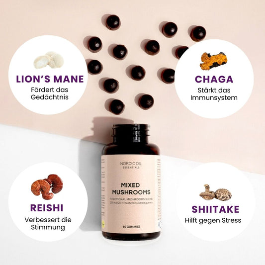 Nordic Oil Essentials Mixed Mushrooms – Flasche mit vier Kreis-Piktogrammen zu Löwenmähne, Chaga, Reishi und Shiitake