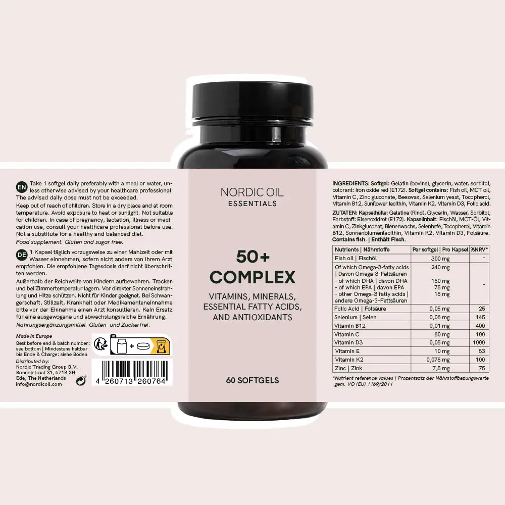 Nordic Oil Essentials 50+ Complex – Vitamine, Mineralstoffe und Antioxidantien in dunkler Flasche