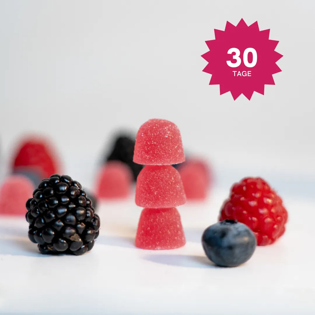 Beeren und rosa Zucker-Gummis mit 30-Tage-Aktionsaufkleber