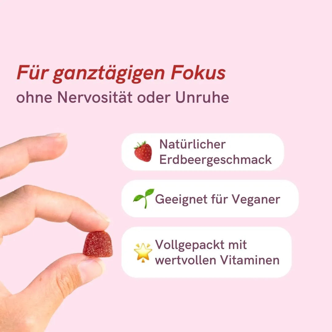 Für ganztägigen Fokus: ohne Nervosität oder Unruhe
Natürlicher Erdbeergeschmecke
Geeignet für Veganer
Vollgepackt mit wertvollen Vitaminen