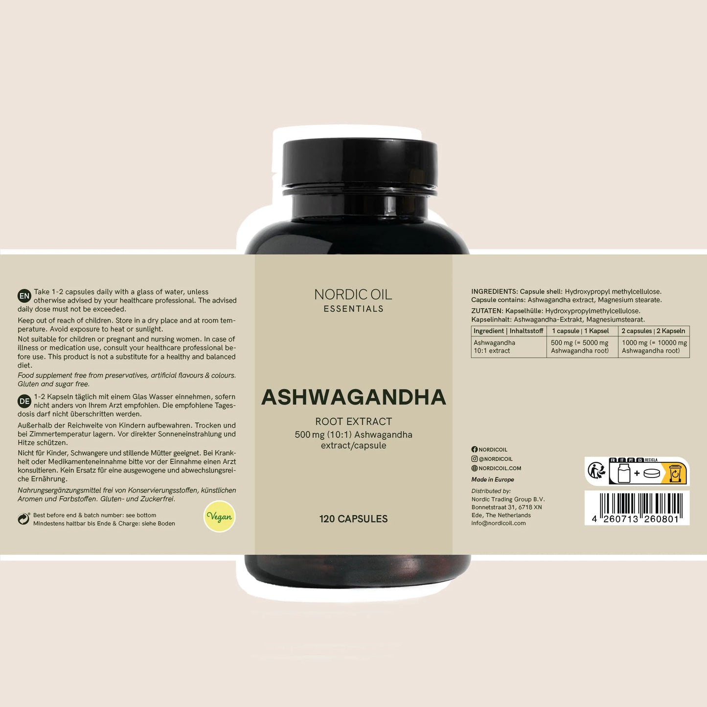 Nordic Oil Essentials Ashwagandha-Wurzelextrakt-Kapseln, 120 Stück