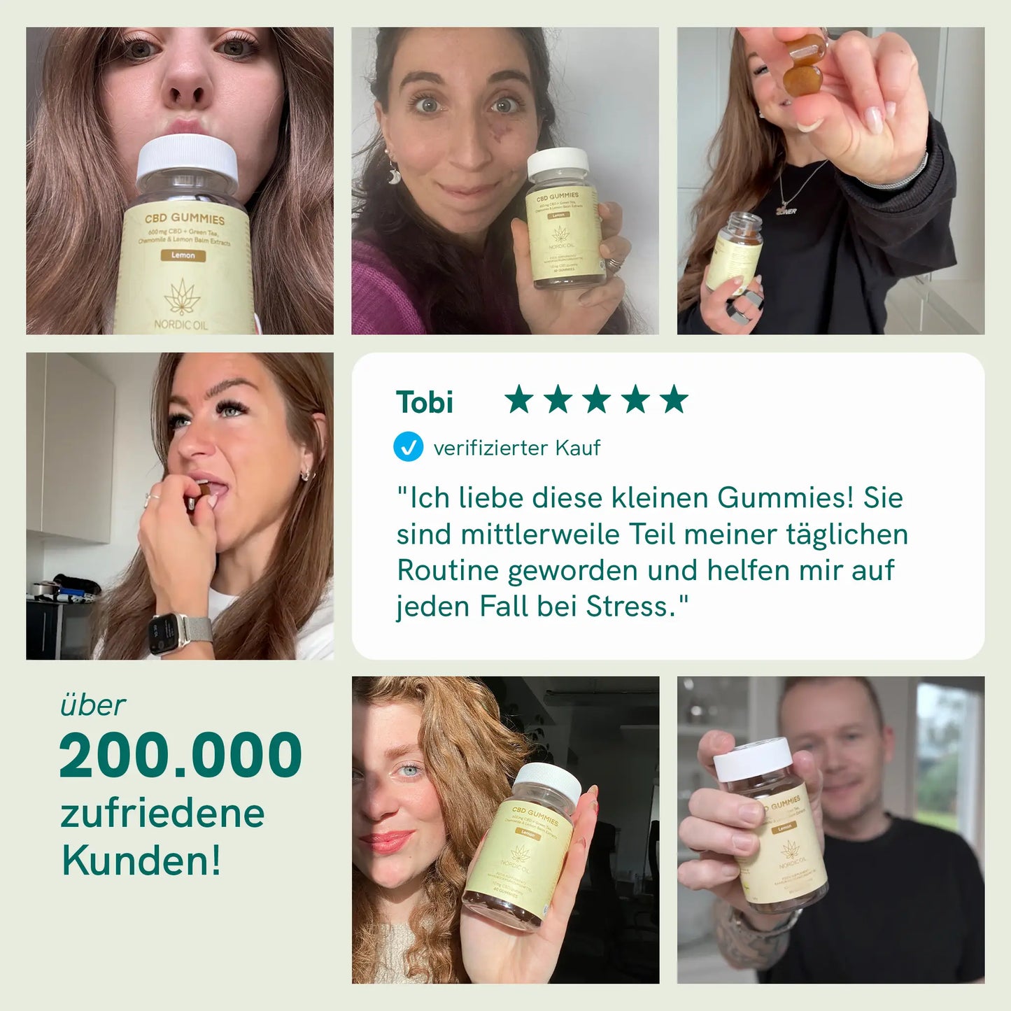 Eine Produktbewertung der CBD-Fruchtgummies von Nordic Oil, in der ein zufriedener Kunde seine positiven Erfahrungen mitteilt. Der Kunde betont, dass die Kaugummis Teil seiner täglichen Routine geworden sind und ihm bei Stress helfen. Mehr als 200.000 Kunden sind mit dem Produkt zufrieden.