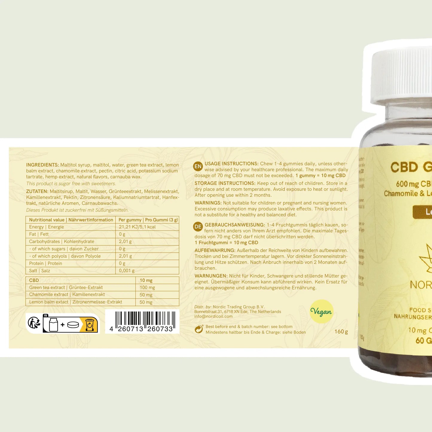 CBD-Kaugummi mit 10 mg CBD pro Stück; empfohlen wird der Verzehr von 1-4 Kaugummis pro Tag. Vor Hitze schützen und nicht für Kinder und Schwangere geeignet.