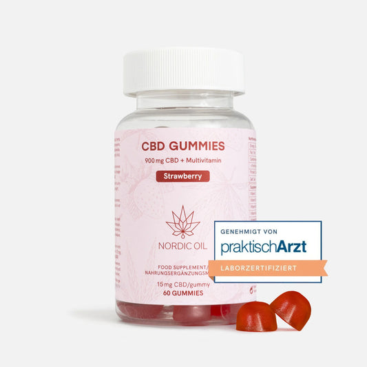 CBD-Gummis Erdbeergeschmack in Flasche von Nordic Oil (60 Gummis)
