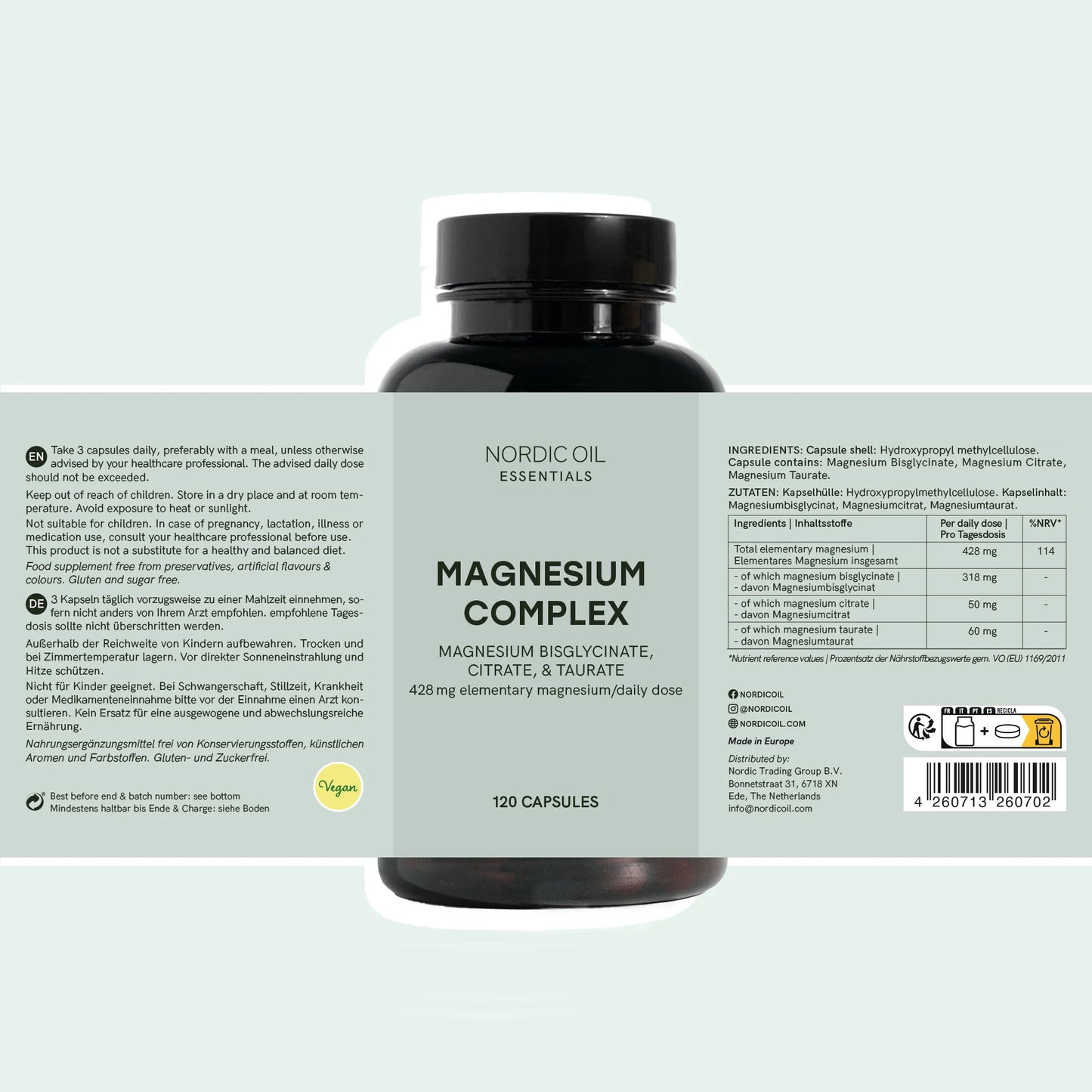 Nordic Oil Essentials Magnesium Complex – Magnesium-Bisglycinat, Citrat und Taurat, 120 Kapseln