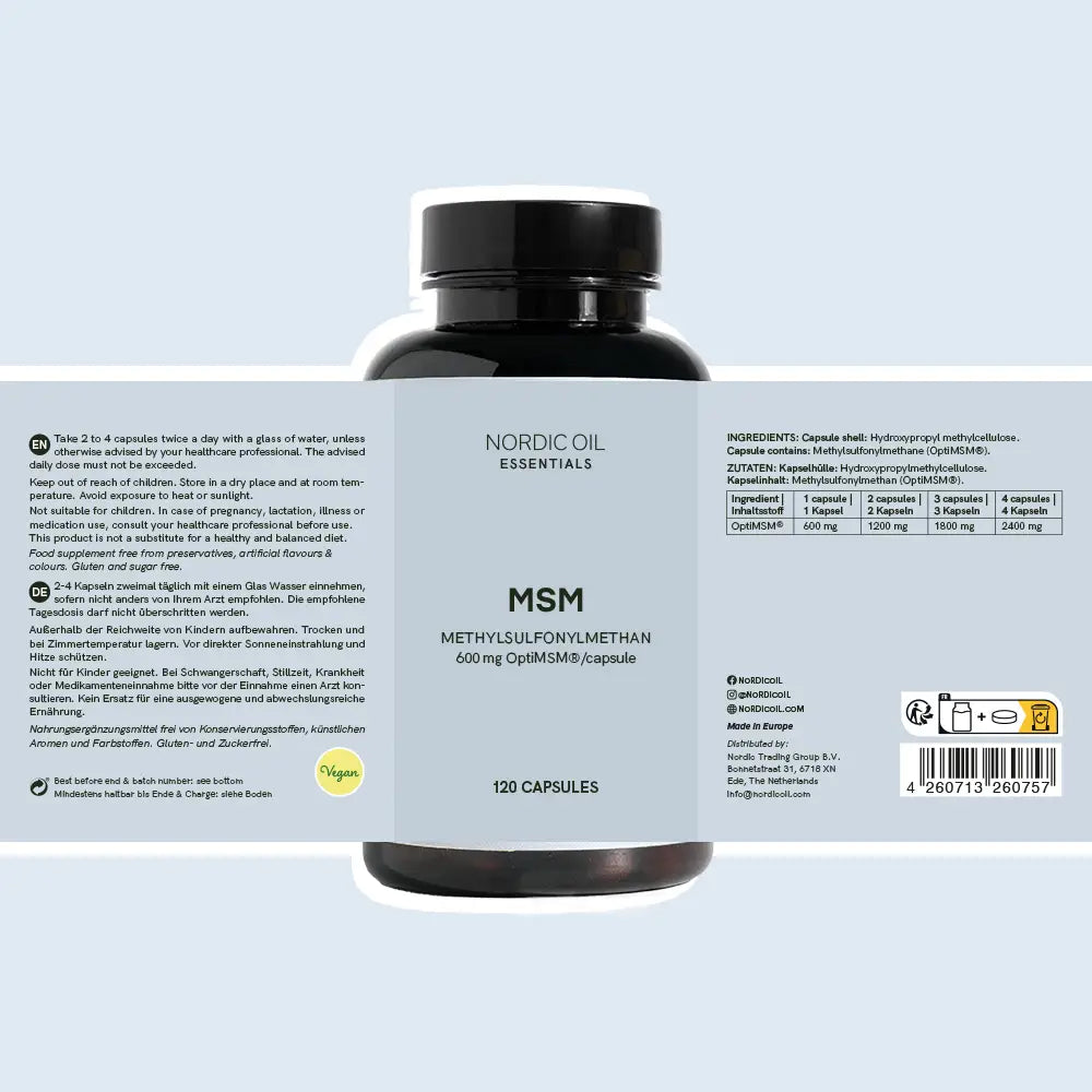 Nordic Oil MSM-Kapseln: Flasche Methylsulfonylmethan (MSM) 600 mg OptiMSM, 120 Kapseln