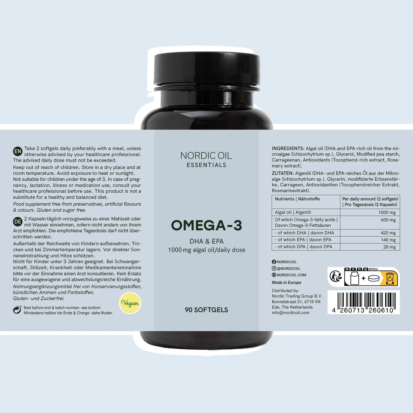 Nordic Oil Essentials Omega-3 DHA & EPA Flasche mit 90 Softgels