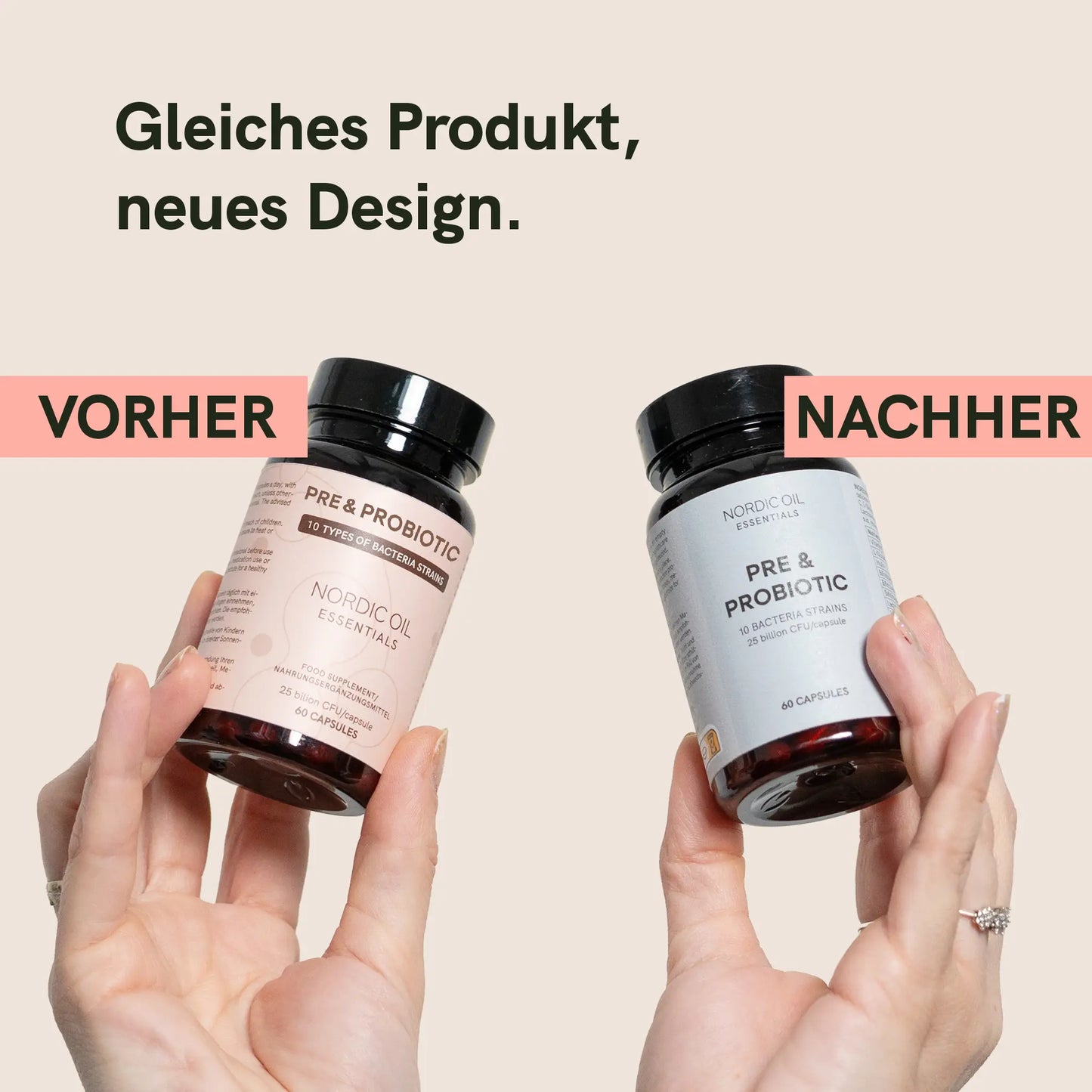 Nordic Oil Pre & Probiotic Kapseln – Vorher (links) und Nachher (rechts) vor hellem Hintergrund