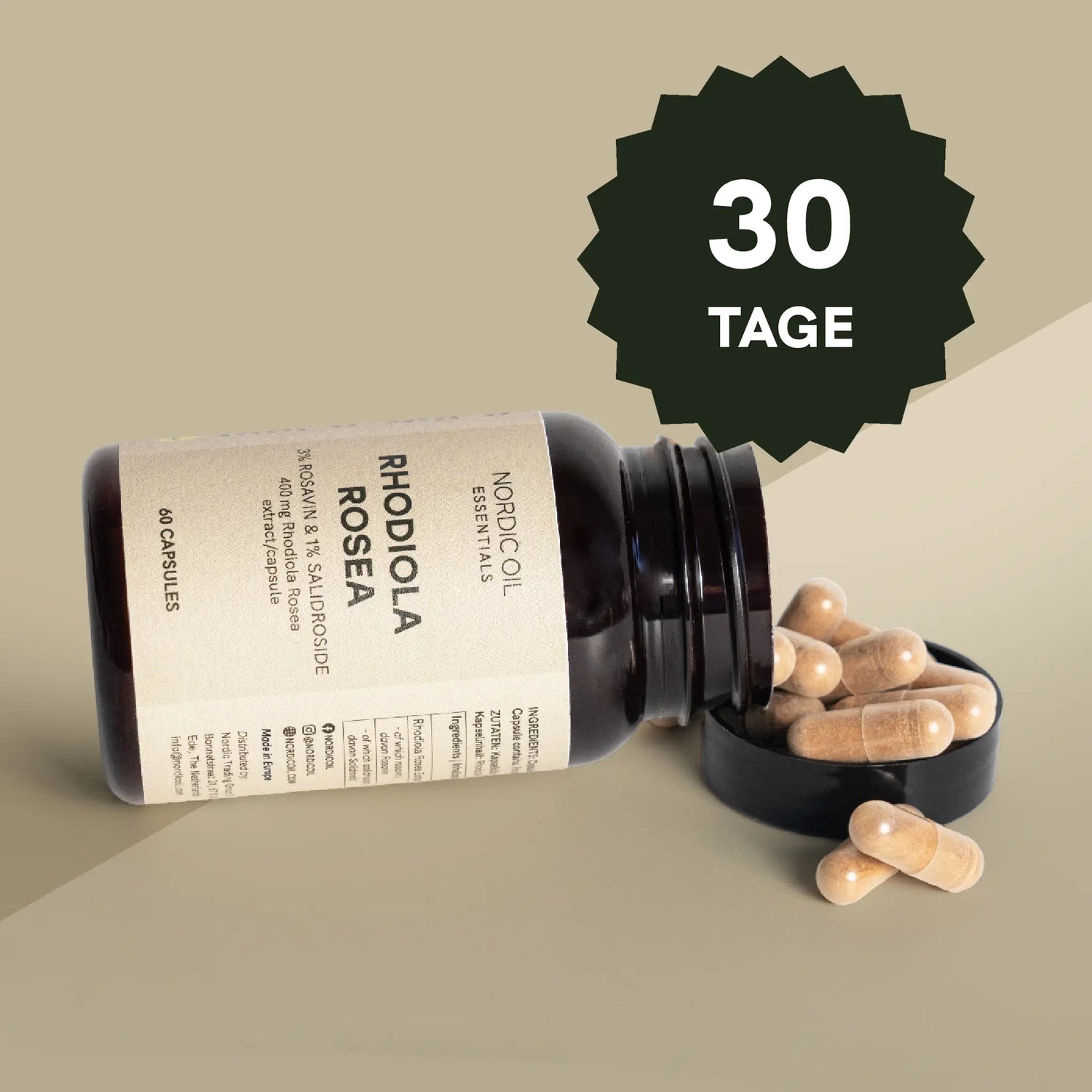 Rhodiola Rosea Nahrungsergänzungsmittel – Kapseln in brauner Nordic Oil Flasche, offener Deckel, 30 Tage Banner im Hintergrund