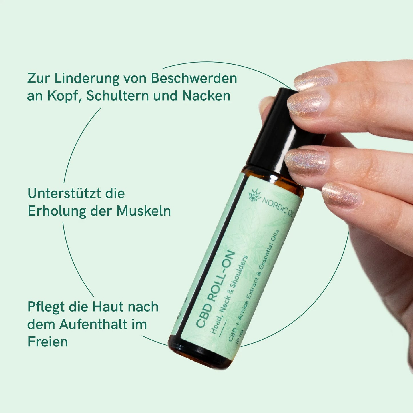 Nordic Oil CBD Roll-On mit Beschreibung: Zur Linderung von Beschwerden an Kopf, Schultern und Nacken; Unterstützt die Erholung der Muskeln; Pflegt die Haut nach dem Aufenthalt im Freien