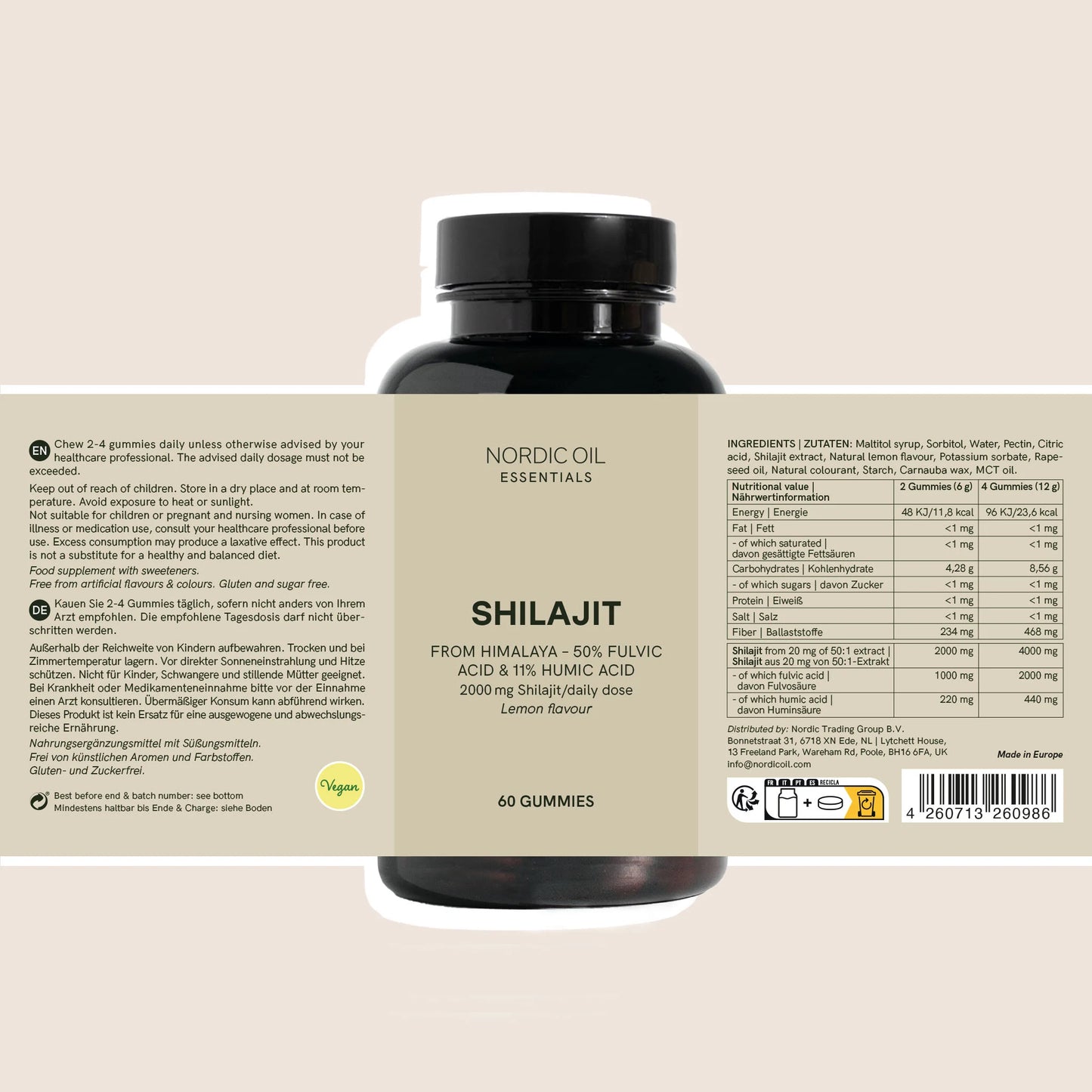 Nordic Oil Shilajit-Gummis in dunkler Flasche mit beigem Etikett, 60 Gummis
