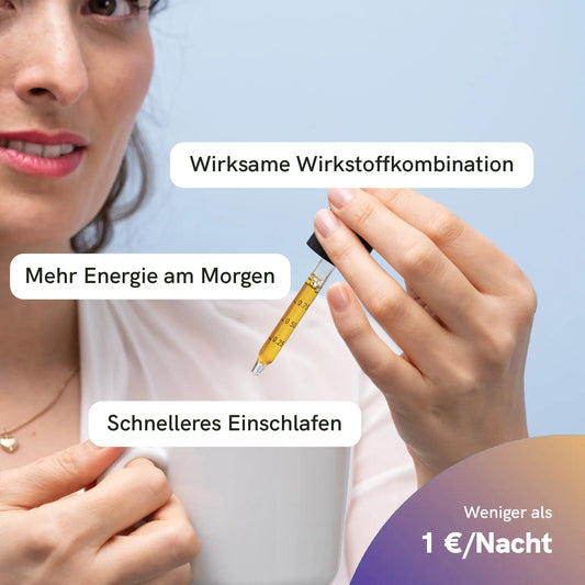Frau hält CBD-Öl-Pipette; Textüberlagerungen bewerben mehr Energie am Morgen und besseren Schlaf.