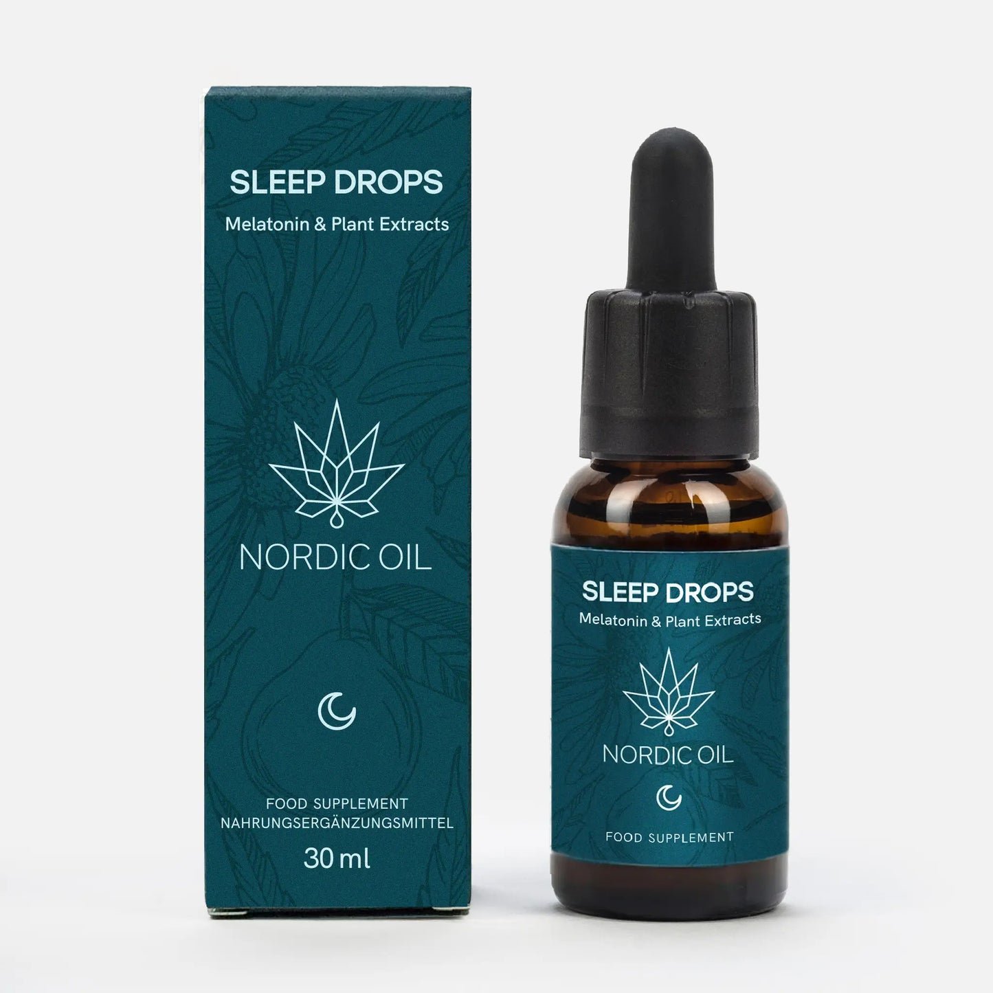 Nordic Oil Sleep Drops Flasche mit Tropfer neben der passenden Teal-Verpackung, Melatonin & Plant Extracts, 30 ml