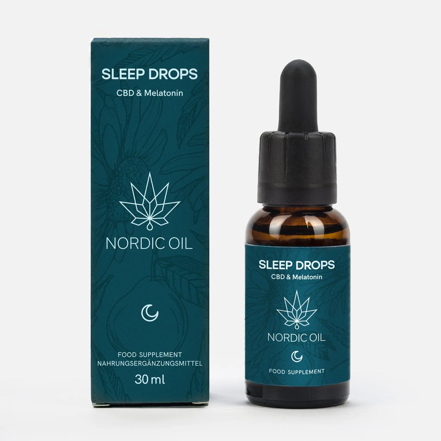 Nordic Oil Sleep Drops CBD & Melatonin – Flasche mit Pipette neben der Verpackung