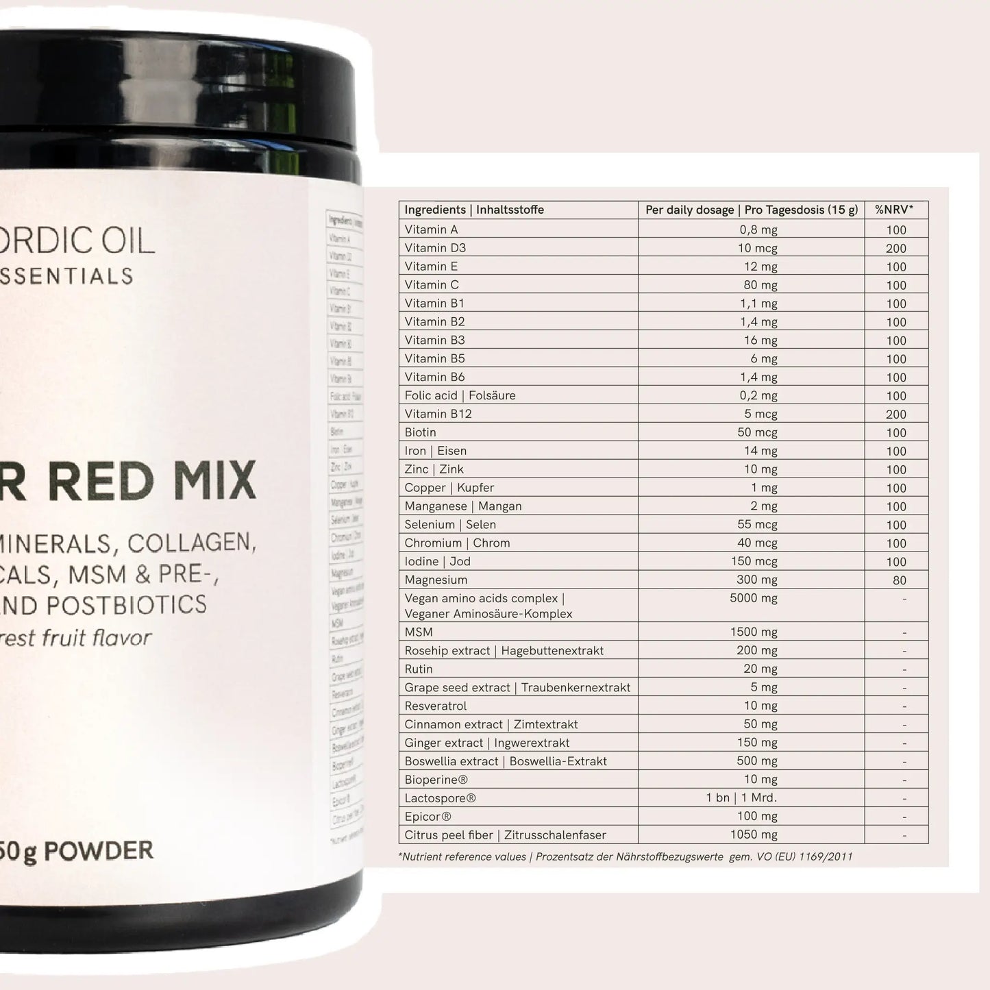 Nordic Oil Essentials Nahrungsergänzungsmittel-Flasche mit Nährwerttabelle