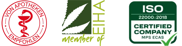 Logos: Von apotheke empfohlen; member of eiha; Iso 22000:2018 Certified Company MPS ECAS
