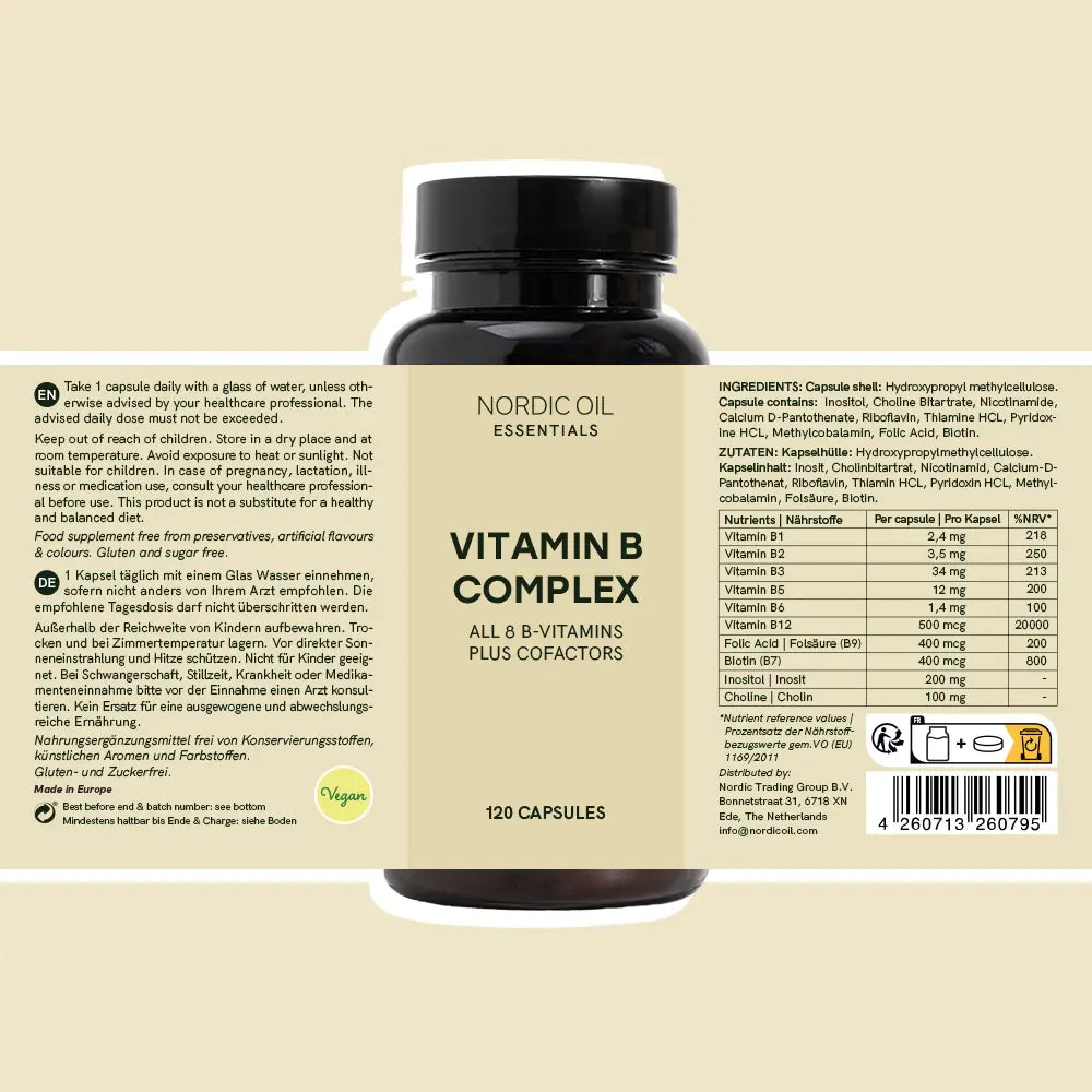Nordic Oil Essentials Vitamin-B-Komplex Kapseln in brauner Flasche (120 Kapseln)