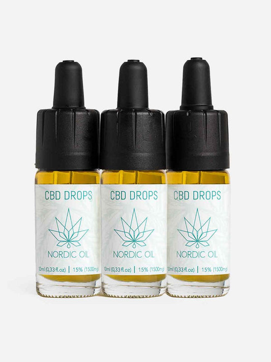 Drei CBD-Drops-Fläschchen von Nordic Oil mit Tropfer