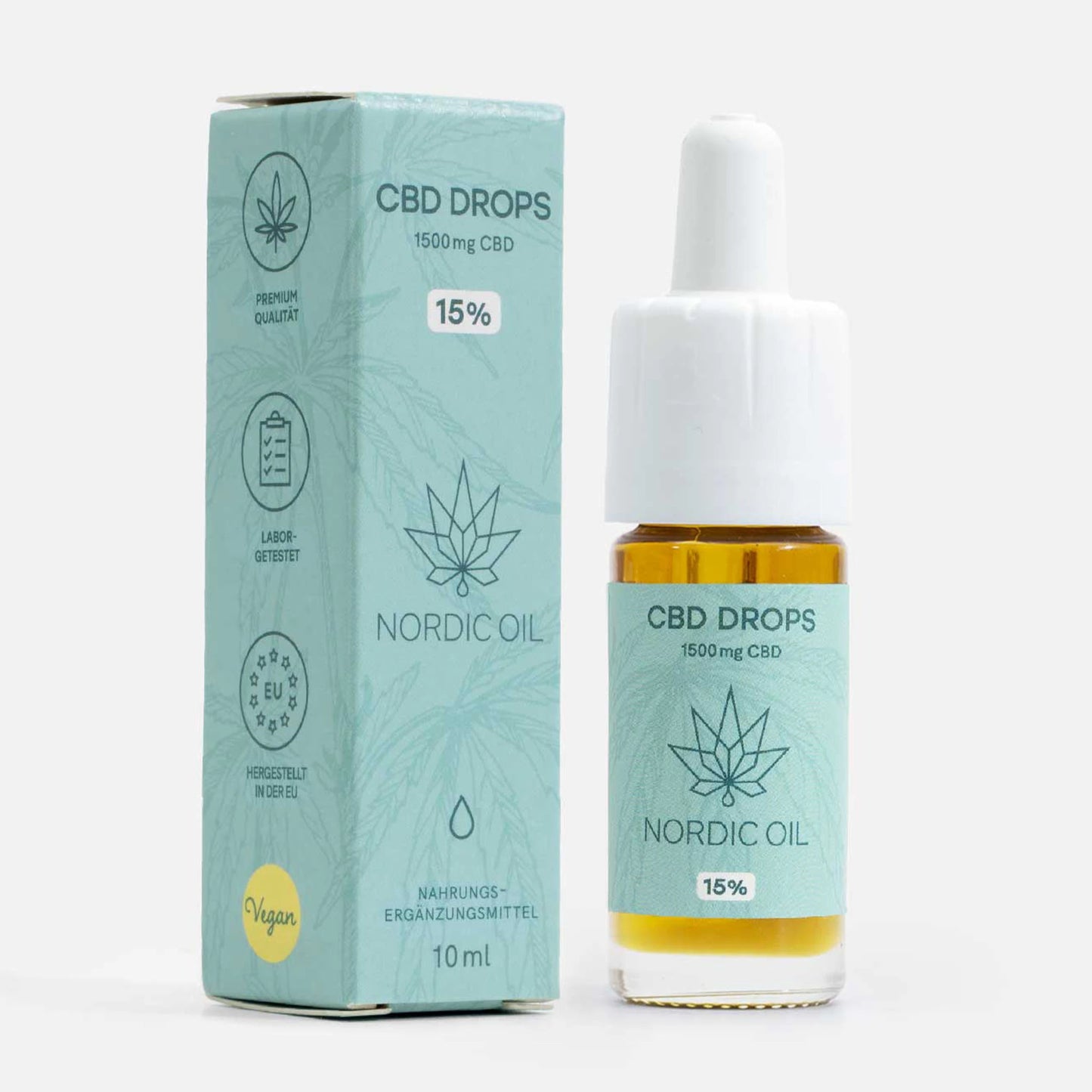 Eine Flasche CBD Öl 15% von Nordic Oil mit Verpackung