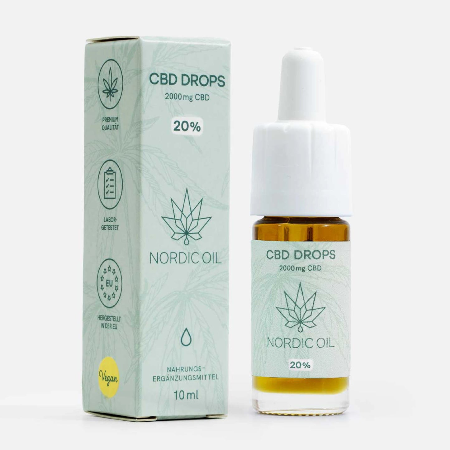 Eine Flasche CBD Öl 20% von Nordic Oil mit Verpackung