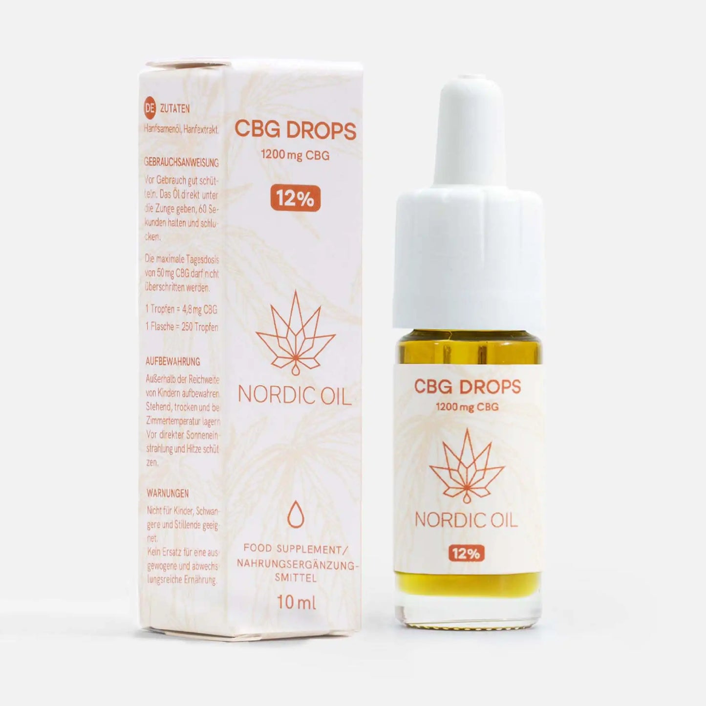 10ml Flasche CBG Öl (12%) neben Verpackung