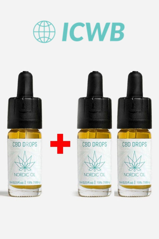 ICWB-Logo über drei CBD-Drops-Fläschchen von Nordic Oil mit rotem Pluszeichen