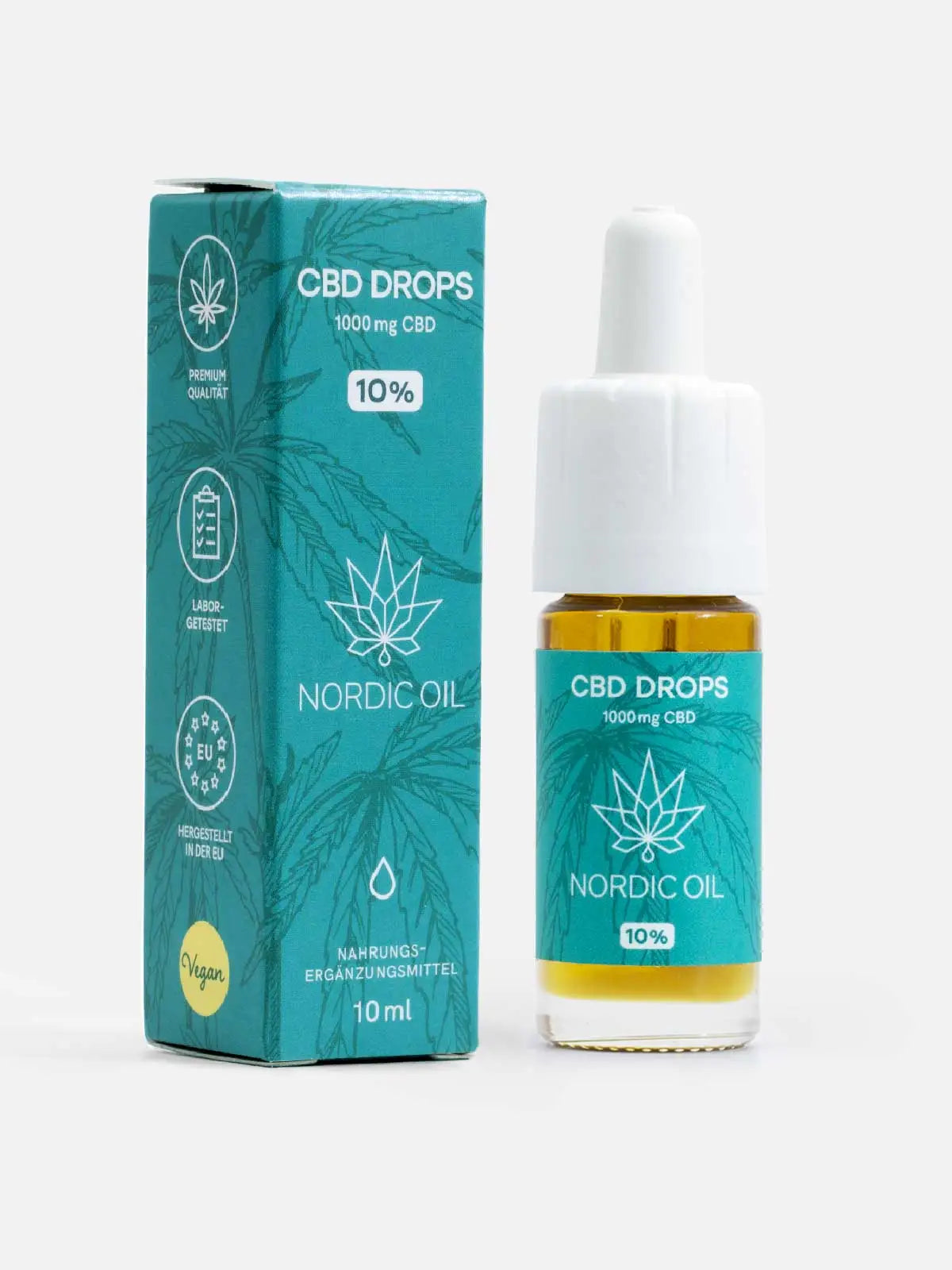 Nordic Oil CBD Drops Flasche und passende Box im türkisfarbenen Design (1000 mg CBD)