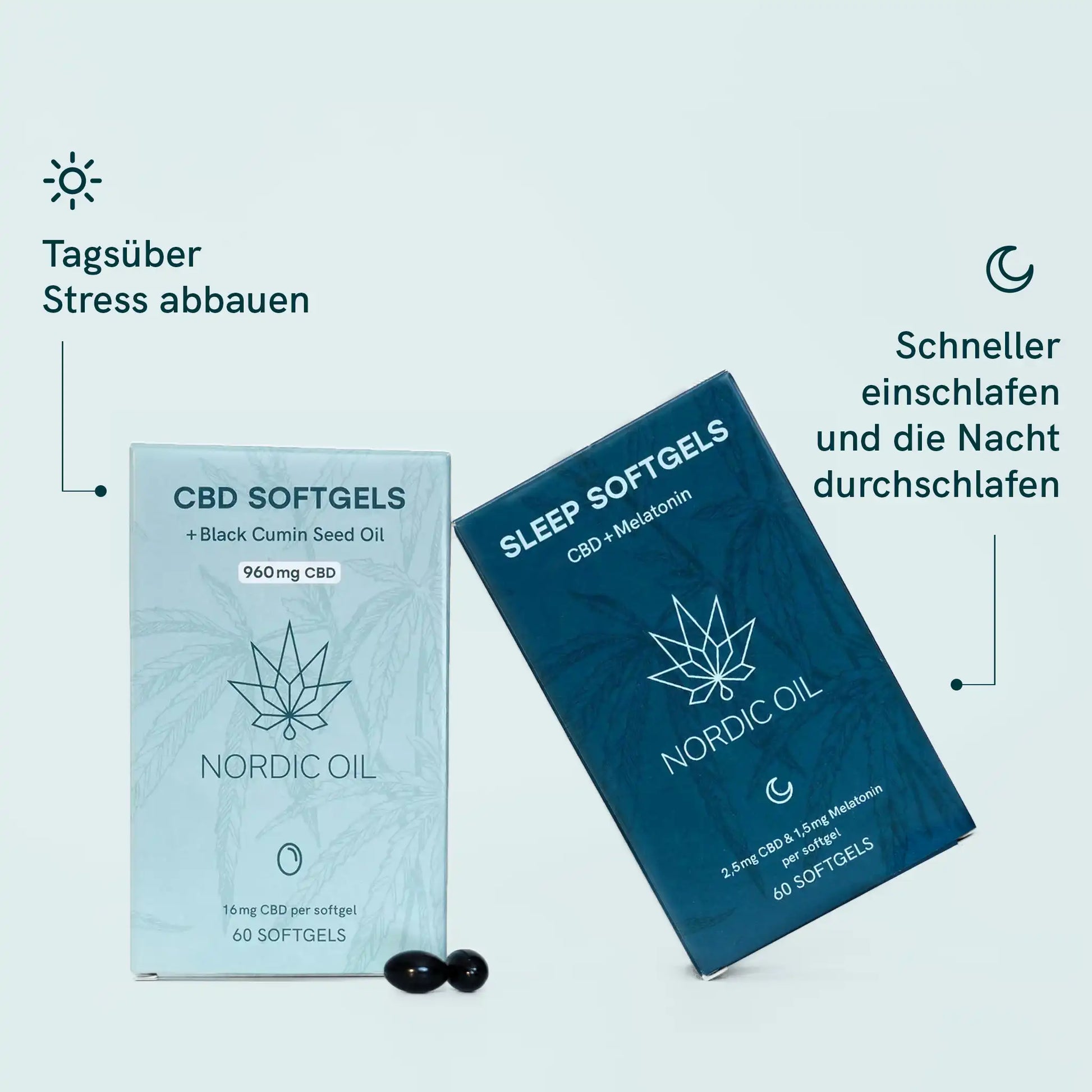 Zwei unsere CBD Softgels neben einander