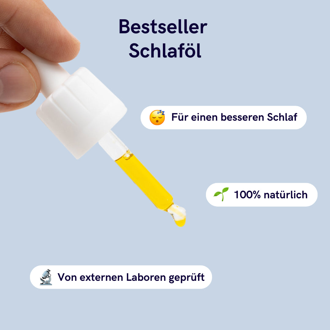 Pipette mit CBD Öl mit Überschrift: Bestseller Schlaföl. Und Text: Für einen besseren Schlaf, 100% natürlich und Von externen Laboren geprüft