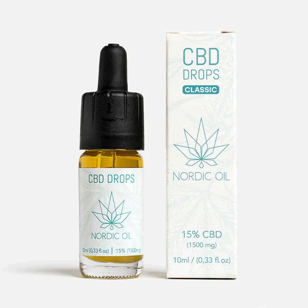 CBD Drops Classic (15% CBD Öl) neben der Verpackung