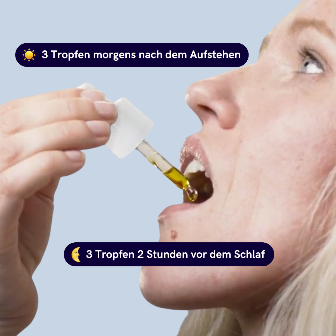 Frau nimmt CBD Tropfen mit Text: 3Tropfen morgens nach dem Aufstehen und 3 Tropfen 2 Stunden vor dem Schlaf