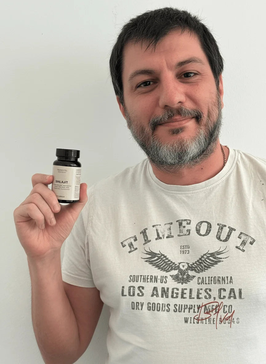 Mann hält eine kleine Flasche Nahrungsergänzungsmittel vor hellem Hintergrund