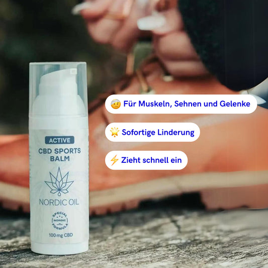 Nordic Oil CBD Sports Balm Flasche steht vor einer Frau, die sich die Schuhe bindet mit der Beschreibung: Für Muskeln, Sehnen und Gelenke; Sofortige Linderung; Zieht schnell ein