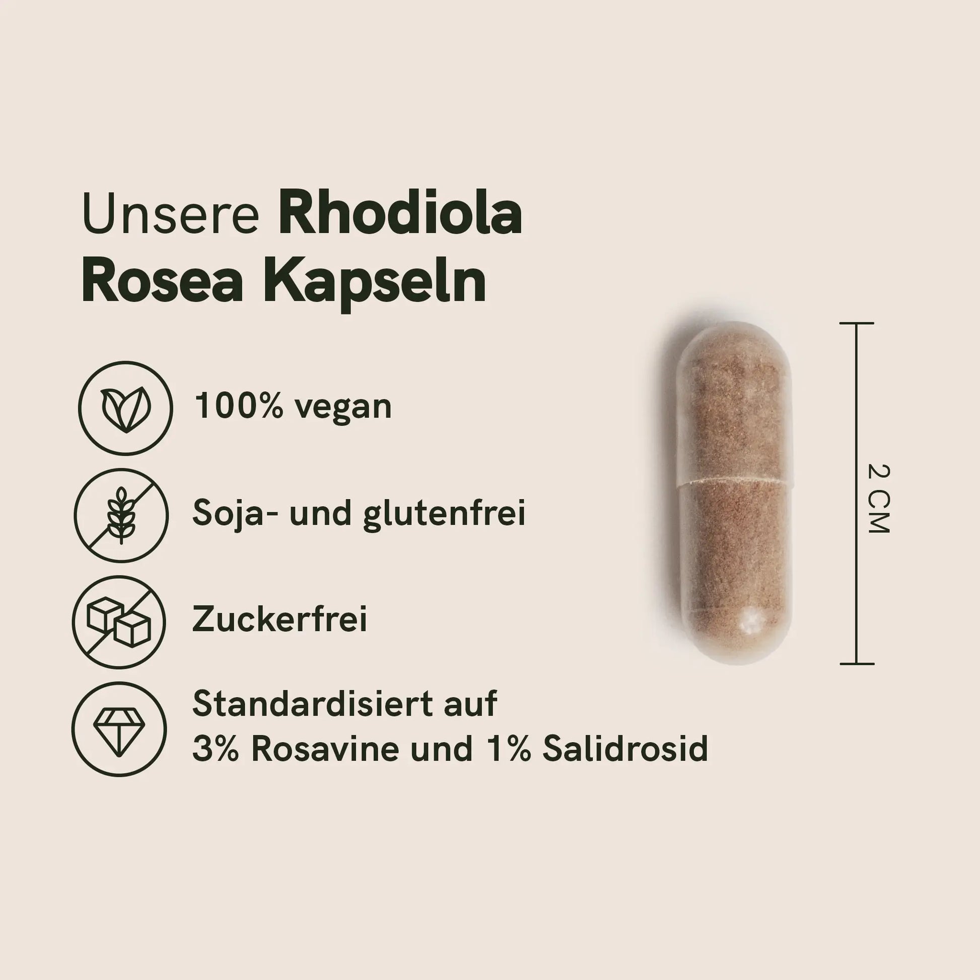 Rhodiola Rosea Kapseln – vegan, Soja- und glutenfrei, zuckerfrei, standardisiert auf 3% Rosavine und 1% Salidrosid – Abbildung einer Kapsel