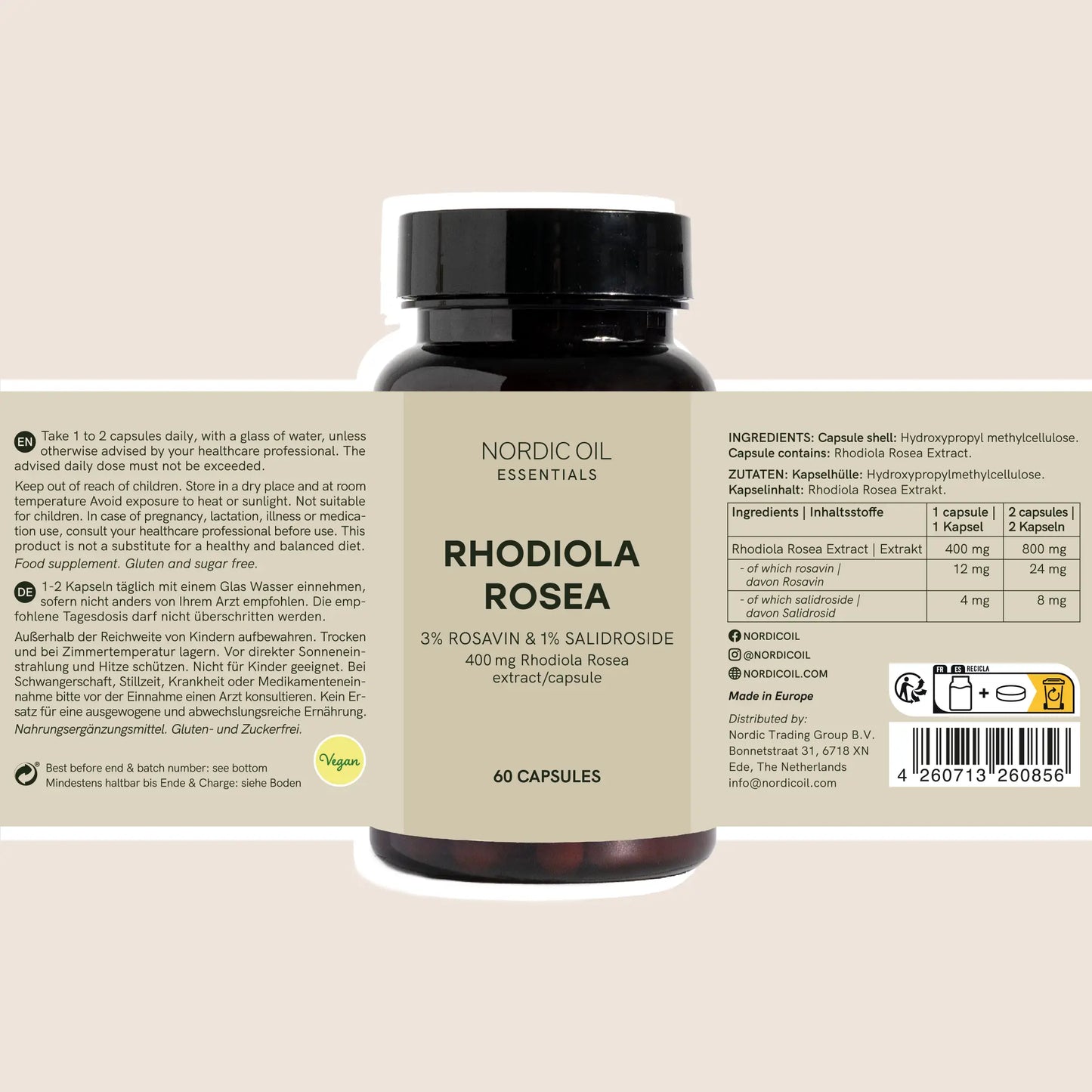 Nordic Oil Essentials Rhodiola Rosea Kapseln – Flasche mit Etikett vor beigem Hintergrund.