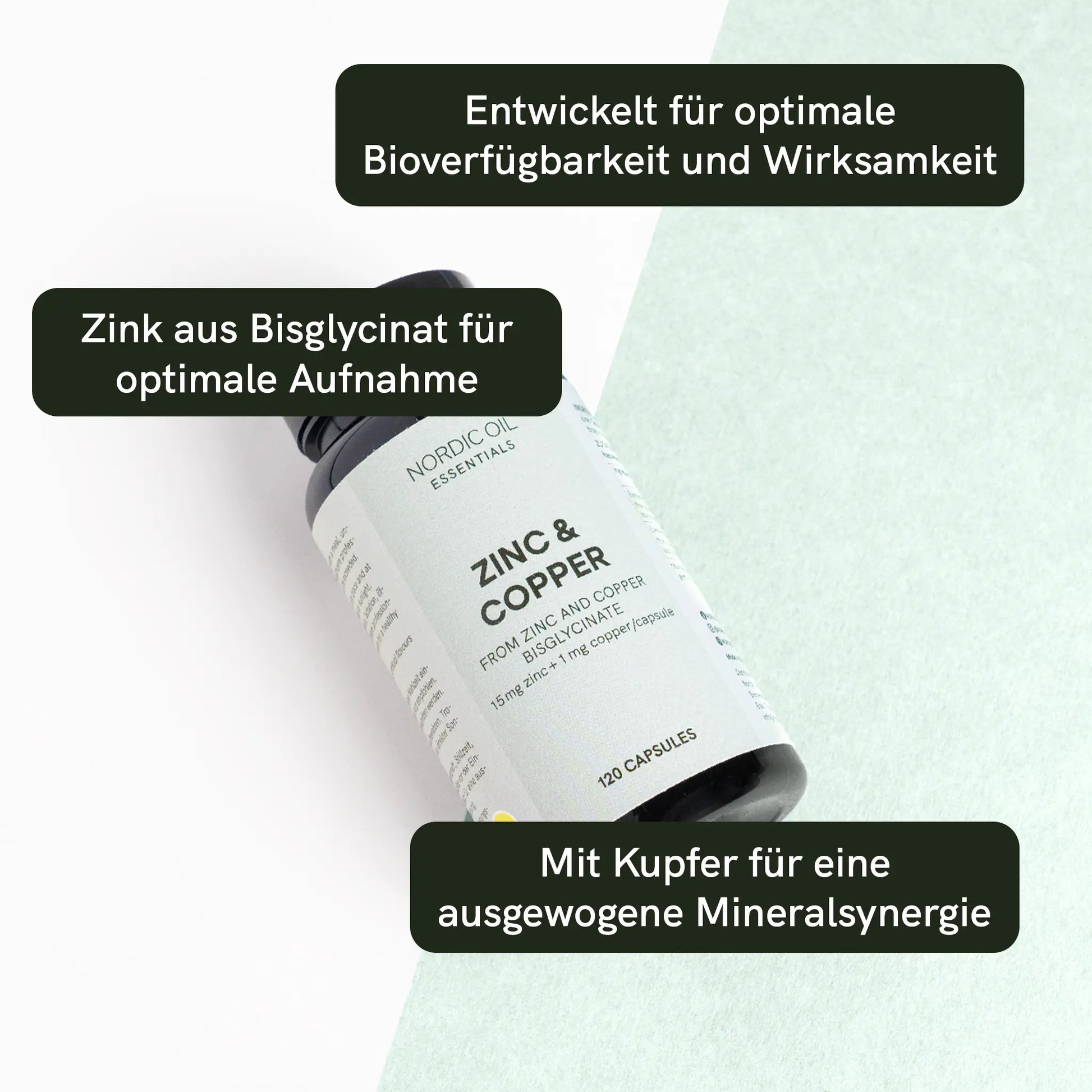 Flasche mit Zink- und Kupferkapseln aus Bisglycinat – Nordic Oil Essentials