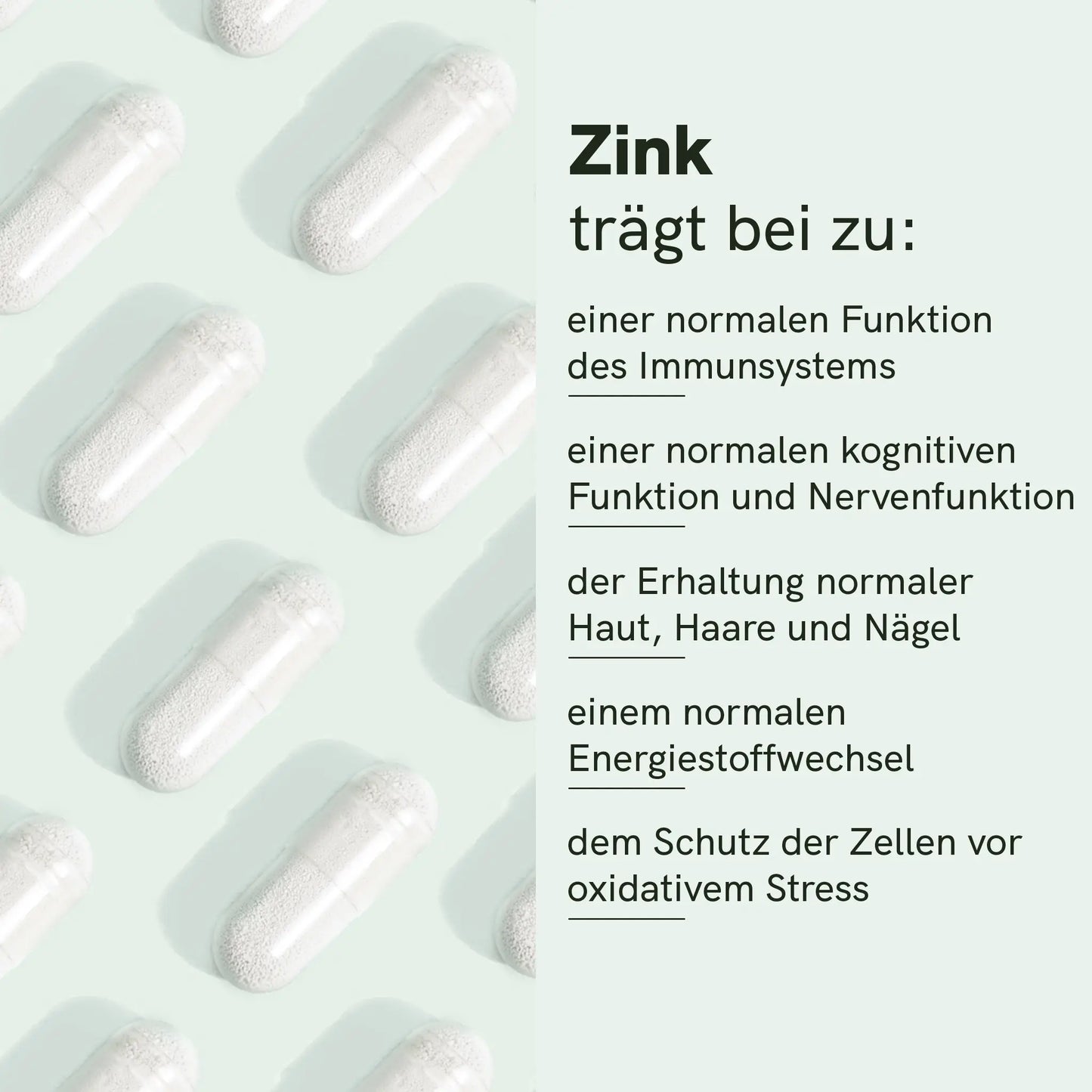 Bannerbild mit weißen Zinkkapseln im Muster links und Textliste zu Zinkvorteilen rechts (Immunsystem, Haut, Haare, Nägel, Energiestoffwechsel, Zellschutz).