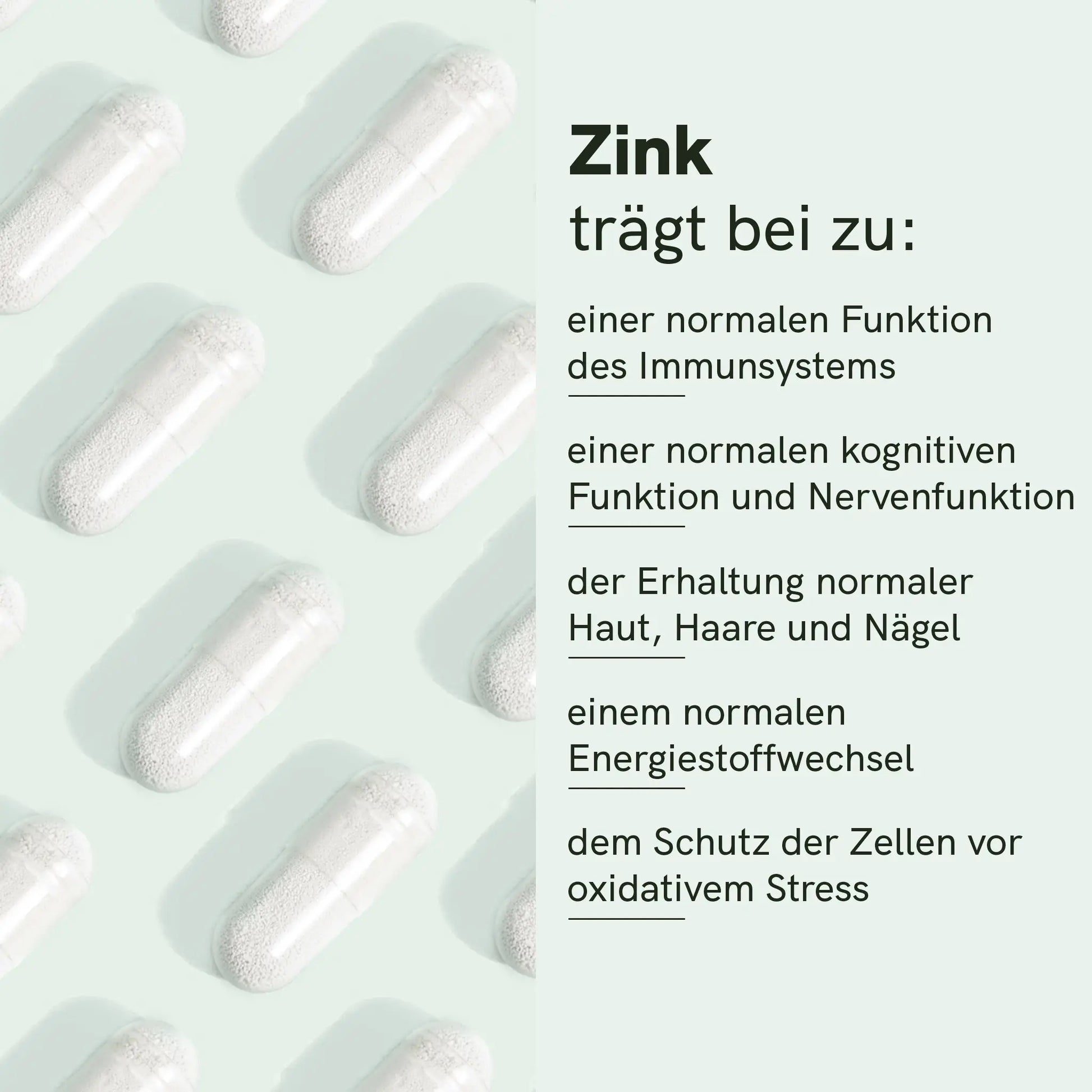 Bannerbild mit weißen Zinkkapseln im Muster links und Textliste zu Zinkvorteilen rechts (Immunsystem, Haut, Haare, Nägel, Energiestoffwechsel, Zellschutz).