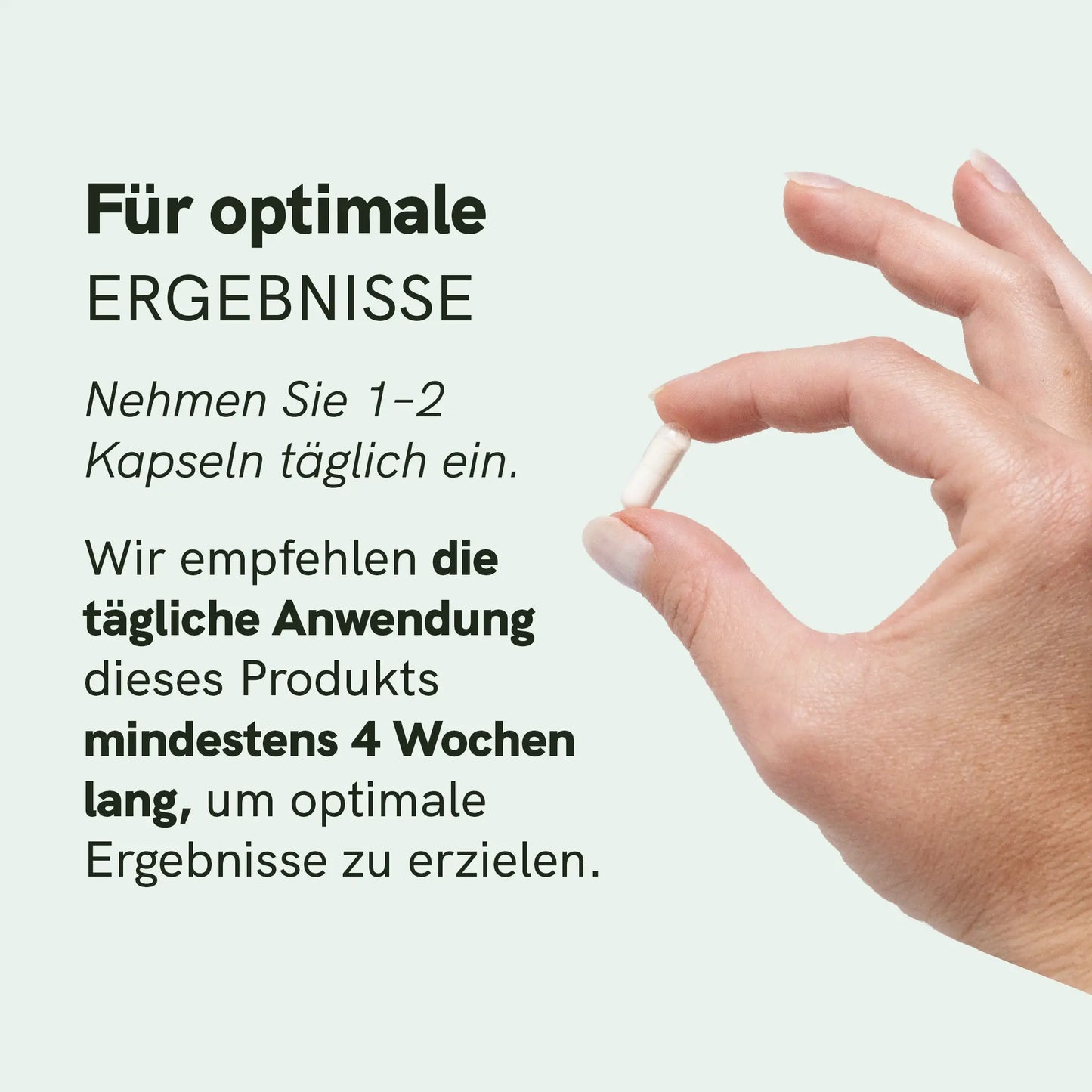 Nahaufnahme einer Hand, die eine weiße Kapsel hält, neben Text mit Einnahmehinweisen