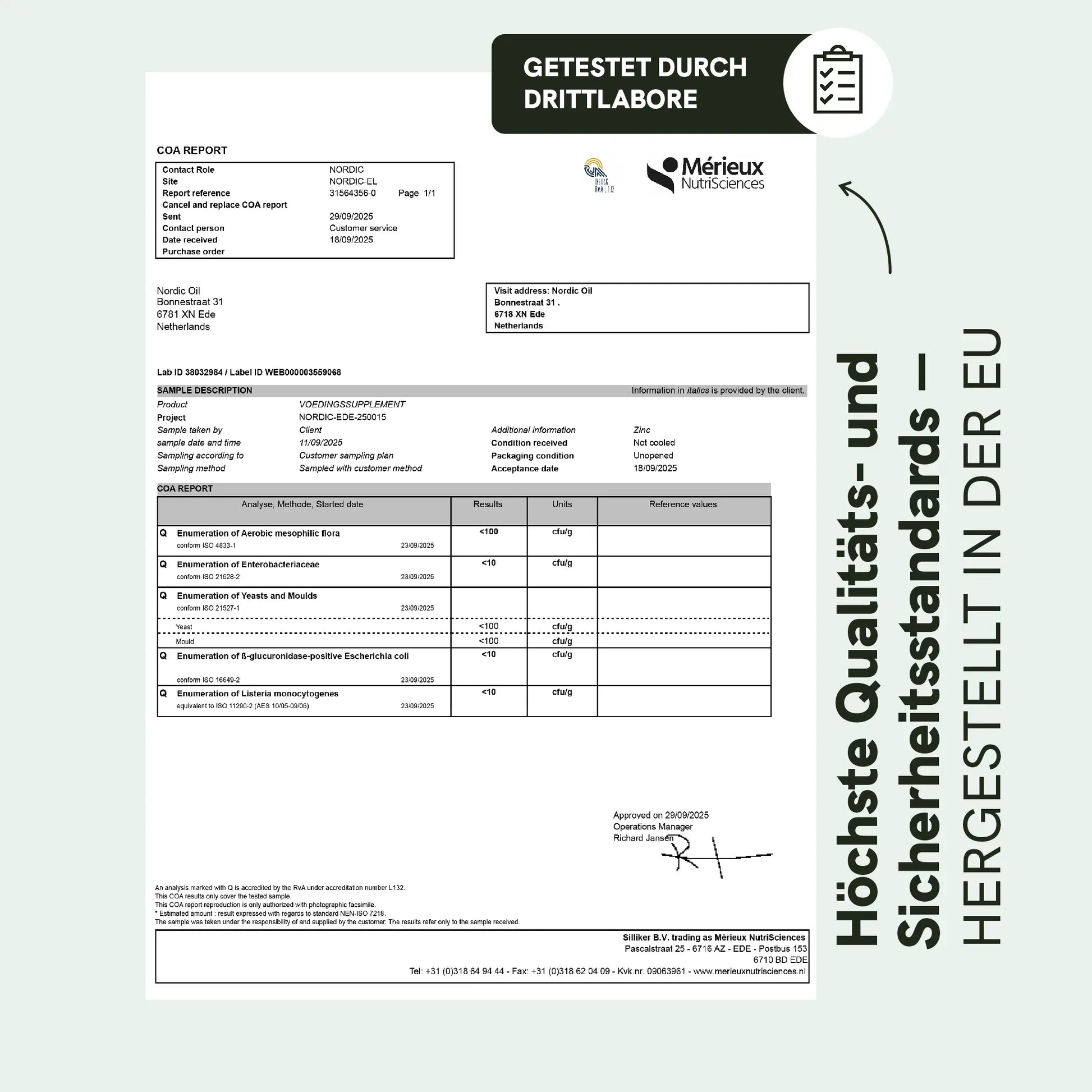 COA-Bericht eines Nordic Oil Nahrungsergänzungsmittels mit Laboranalyse und Ergebnistabelle.