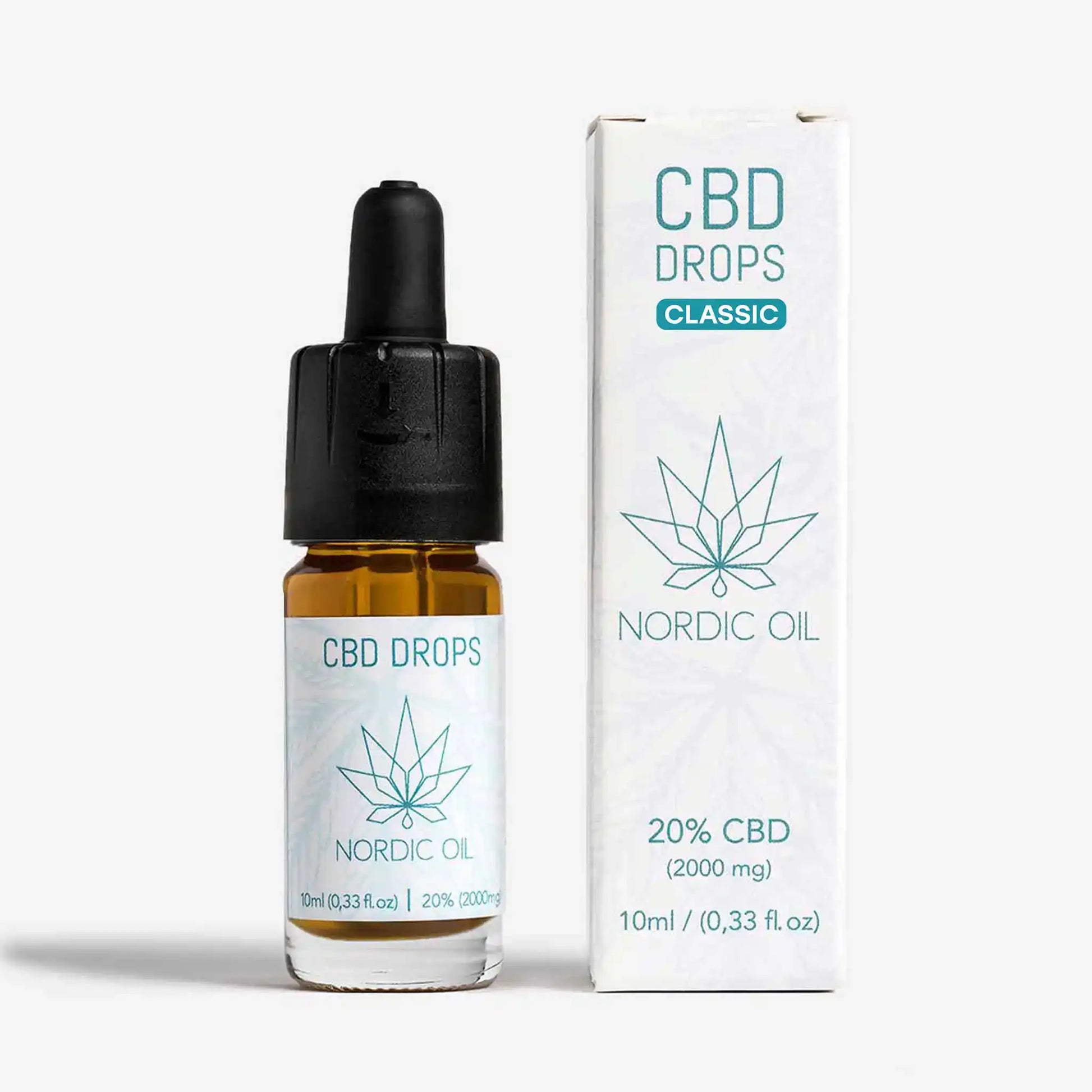 Eine Flasche CBD Drops (20% CBD Öl) neben der Verpackung