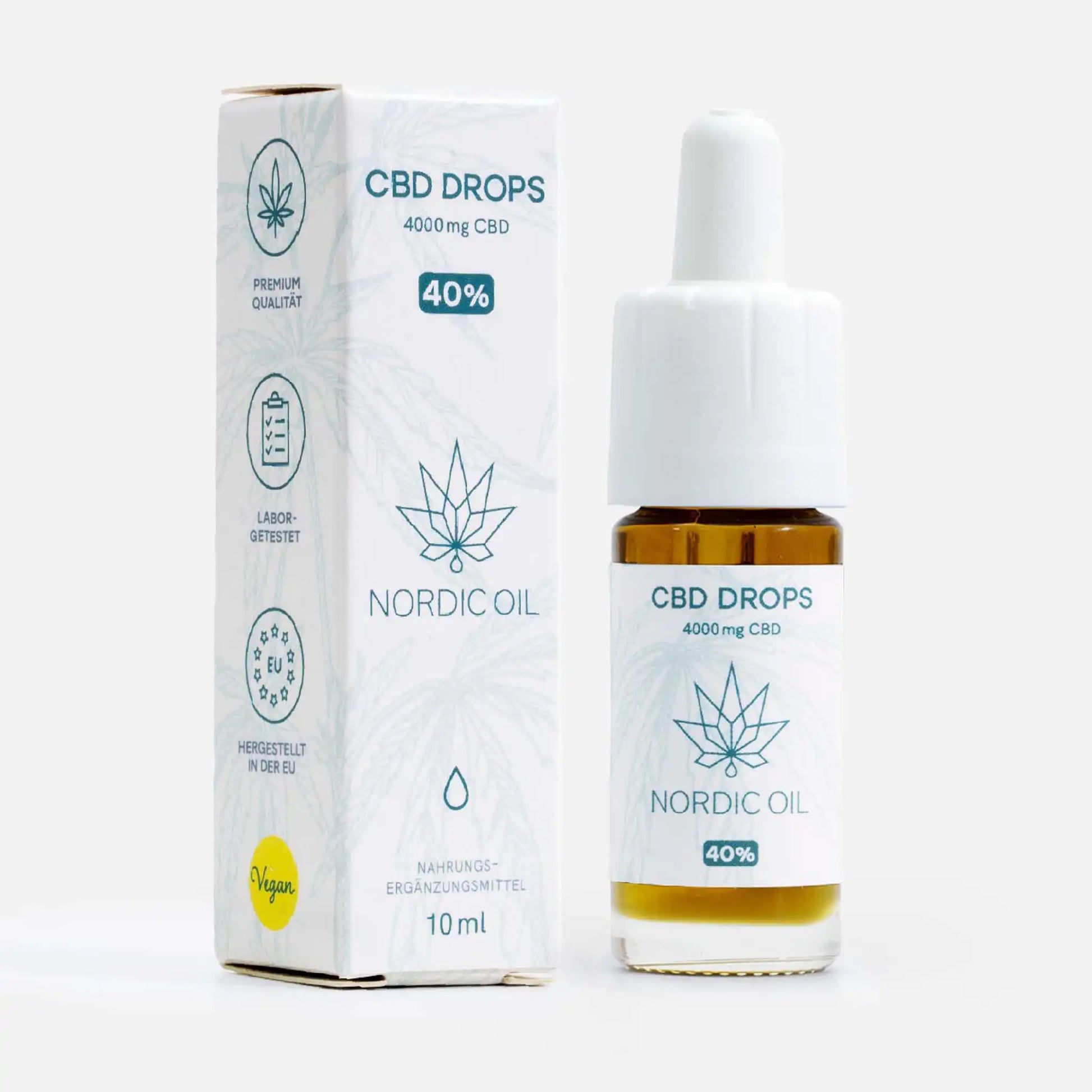 Eine Flasche CBD Öl 40% von Nordic Oil neben der Verpackung