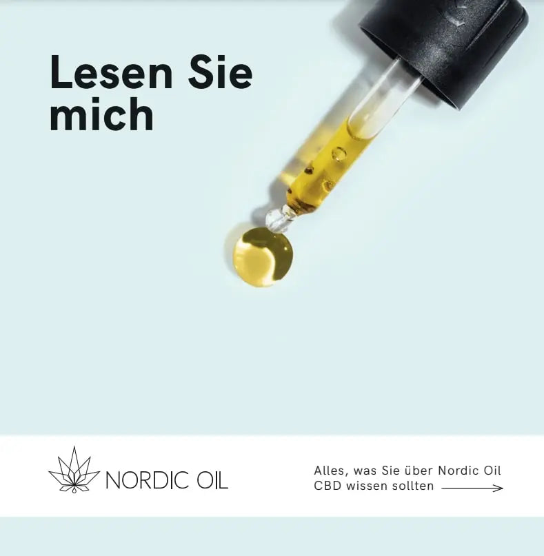 Pipette tropft CBD-Öl auf hellblauem Hintergrund; unten Nordic Oil-Logo und Slogan.
